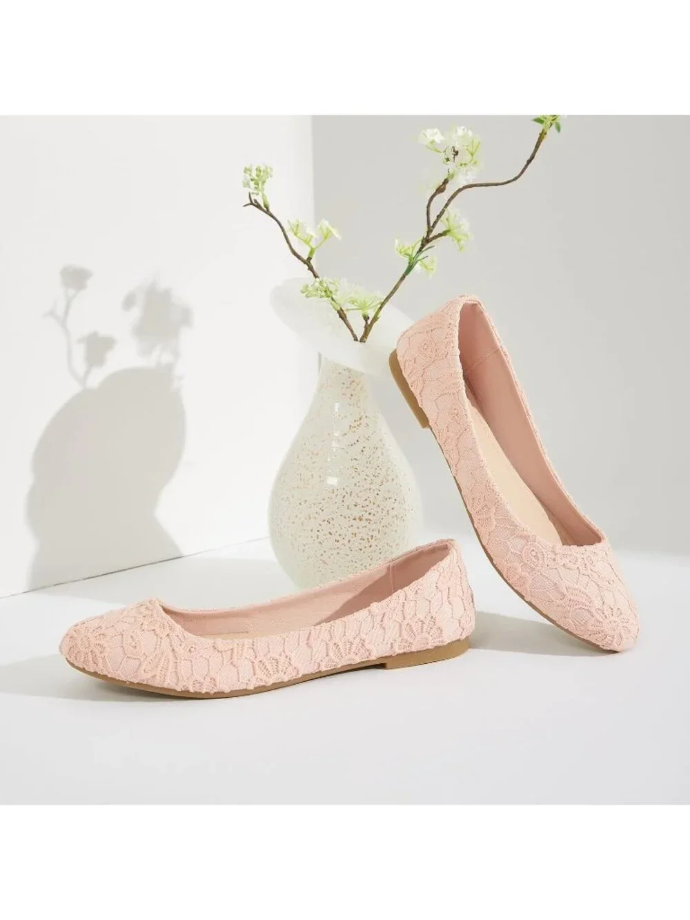 Women's Light Pink Shoes Round Toe Shoes Lace Ballet Flats Dressy Comfortable